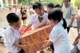 Các học sinh Trường Tiểu học Chu Văn An (phường Hoàng Liệt) tích cực tham gia hỗ trợ cùng phụ huynh, thầy cô trong ủng hộ đồng bào vùng lũ. (Ảnh: PV/Vietnam+)