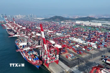 Cảng hàng hóa ở Thanh Đảo, tỉnh Sơn Đông (Trung Quốc). (Ảnh: THX/TTXVN)