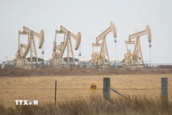 Tháp khoan dầu ở Three Rivers, Texas (Mỹ). (Ảnh: THX/TTXVN)