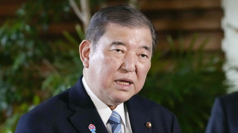 Thủ tướng Nhật Bản Shigeru Ishiba trong cuộc họp báo tại Tokyo, ngày 3/4/2025. Ảnh: Kyodo/TTXVN