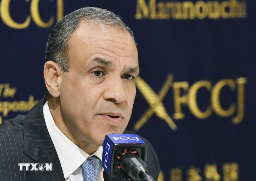 Ngoại trưởng Ai Cập Badr Abdelatty phát biểu trong một cuộc họp báo. (Ảnh: Kyodo/TTXVN)