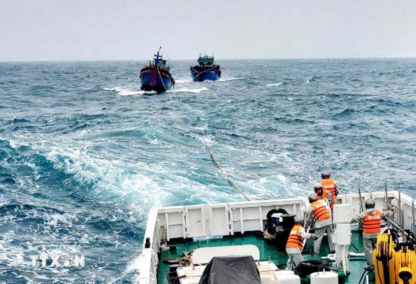 Tàu 368, Vùng 3 Hải quân lai kéo Tàu cá ĐNa 91095 TS và ĐNa 91282TS về bờ. (Ảnh: TTXVN phát)