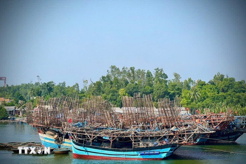 Tàu câu mực của ngư dân huyện Núi Thành vươn khơi vào sáng 5/2/2025, (tức Mùng 8 tháng Giêng). (Ảnh: Đoàn Hữu Trung/TTXVN)