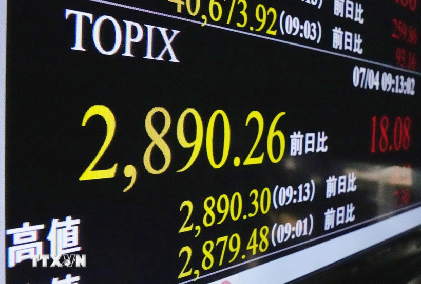 Màn hình hiển thị chỉ số chứng khoán Topix tại Tokyo, Nhật Bản. (Ảnh: Kyodo/TTXVN)