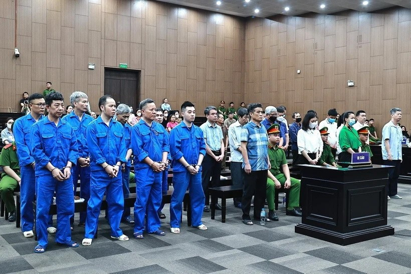 Các bị cáo tại phiên tòa sáng 14/5. (Ảnh: Kim Anh/TTXVN)