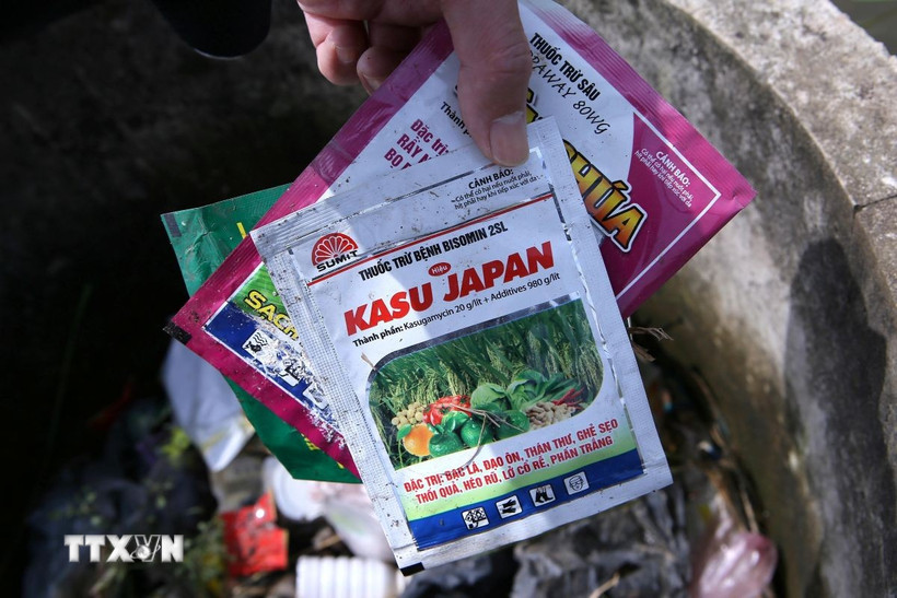 Người dân vứt vỏ thuốc bảo vệ thực vật vào bể chứa rác thải đặt tại đồng ruộng xã Nam Cường, huyện Nam Trực. (Ảnh: Công Luật/TTXVN)