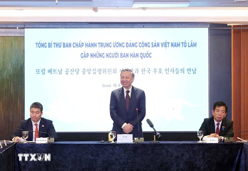 Tổng Bí thư Tô Lâm phát biểu tại buổi gặp những người bạn Hàn Quốc. (Ảnh: Thống Nhất/TTXVN)