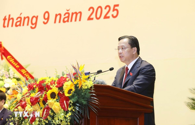 Bí thư Tỉnh ủy Lạng Sơn Hoàng Văn Nghiệm phát biểu tại Đại hội. (Ảnh: Anh Tuấn/TTXVN) 