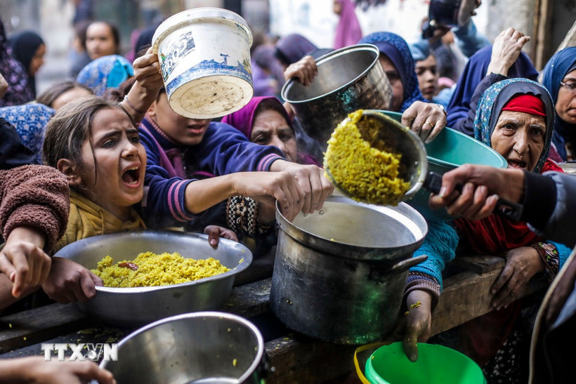 Người dân Palestine chờ được phát thực phẩm cứu trợ tại thành phố Gaza. Theo đó, Chương trình Lương thực thế giới (WFP) đã chuẩn bị sẵn sàng đưa 80.000 tấn lương thực vào Gaza. (Ảnh: TTXVN phát)