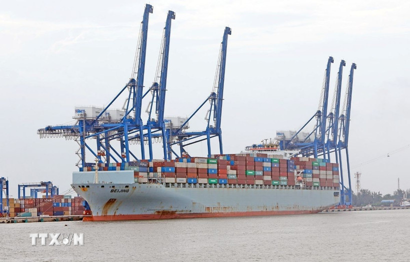 Bốc xếp hàng hóa qua Cảng Container Quốc tế Tân Cảng – Hải Phòng (TC-HICT). (Ảnh: Trần Việt/TTXVN)