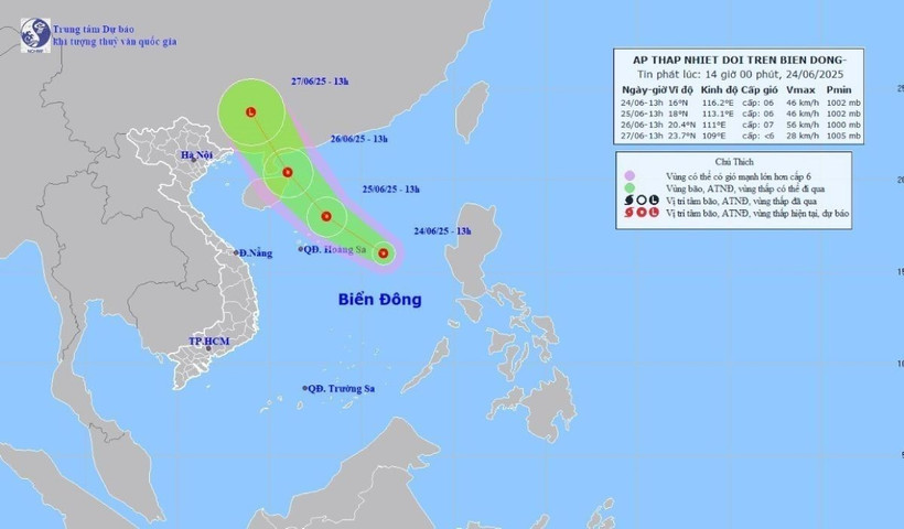 Hướng di chuyển của áp thấp nhiệt đới chiều 24/6. (Ảnh: TTXVN phát)