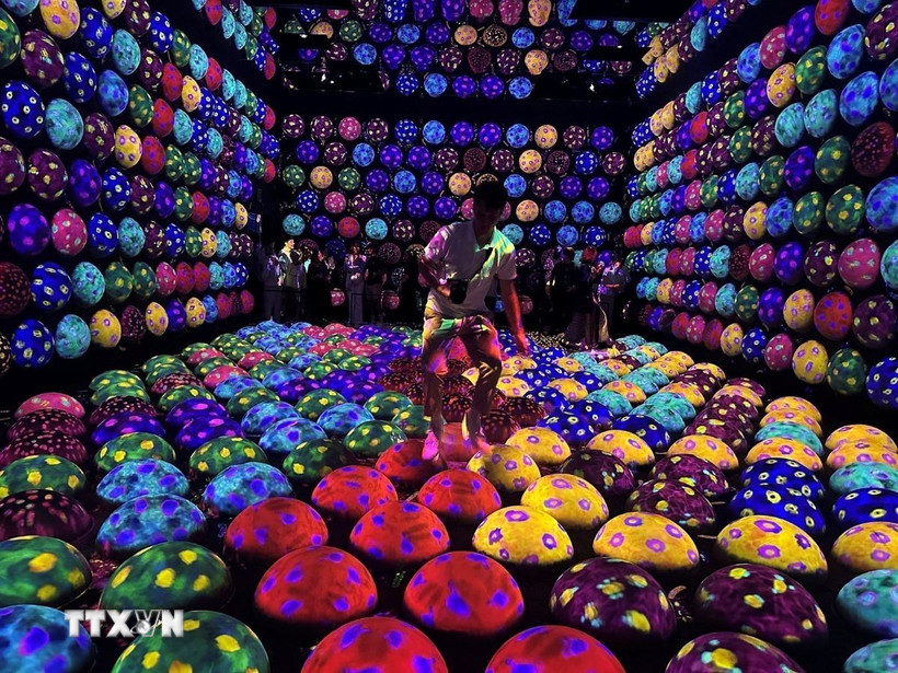 Một không gian vận động cơ thể khác khi khách tham quan di chuyển bằng cách nhảy liên tiếp trên những quả cầu cùng màu cho đến cuối đường. (Ảnh: Nguyễn Tuyến/TTXVN) 