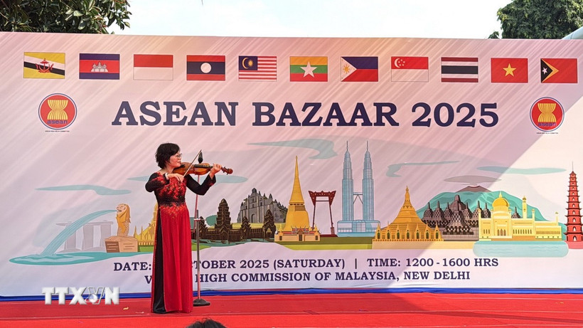 Tiết mục biểu diễn đàn Violon bài "Bèo dạt mây trôi" của một thành viên đoàn Việt Nam. (Ảnh: Ngọc Thúy/TTXVN)