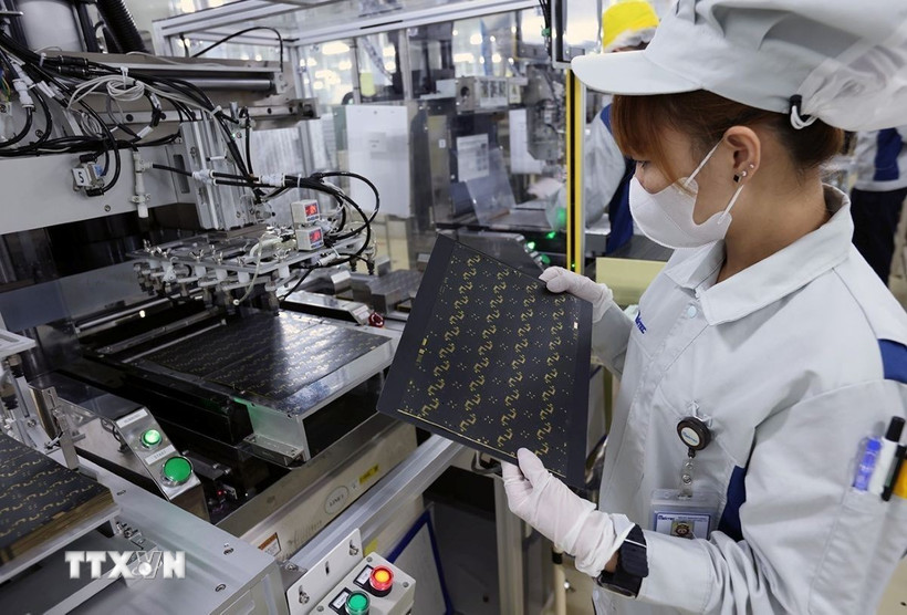 Sản xuất bảng mạch in dùng cho các thiết bị điện tử tại nhà máy của Công ty Trách nhiệm hữu hạn Mektec Manufacturing Việt Nam tại khu công nghiệp Thăng Long II, phường Mỹ Hào, tỉnh Hưng Yên. (Ảnh: Vũ Sinh/TTXVN)