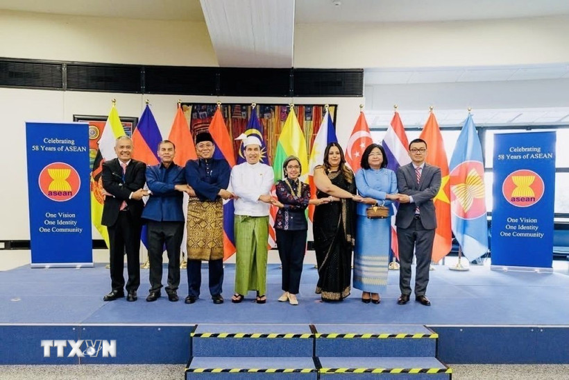 Đại diện 8 nước ASEAN có cơ quan đại diện tại Vienna chụp ảnh lưu niệm tại sự kiện. (Ảnh: TTXVN phát)