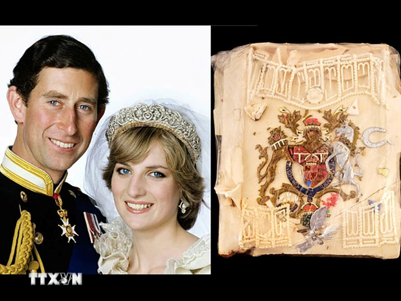 Một lát bánh ngọt trong đám cưới của Thái tử Charles và Công nương Diana Spencer (năm 1981) đã được mua lại với giá 1.850 bảng Anh (hơn 2.500 USD) trong cuộc đấu giá do nhà đấu giá Dominic Winter Auctioneers (Anh) tổ chức ngày 11/8/2021 - kèm theo lời cảnh báo "không nên ăn." (Ảnh: AP/ TTXVN)