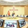 Bộ trưởng Bộ Công Thương Nguyễn Hồng Diên chủ trì cuộc họp về tiến độ thực hiện dự án đường dây 500kV Lào Cai-Vĩnh Yên. (Ảnh: Đức Duy/Vietnam+)