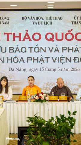 Quang cảnh hội thảo nghiên cứu bảo tồn và phát huy giá trị di sản văn hoá Phật viện Đồng dương. (Ảnh: Thanh Phong/Vietnam+)