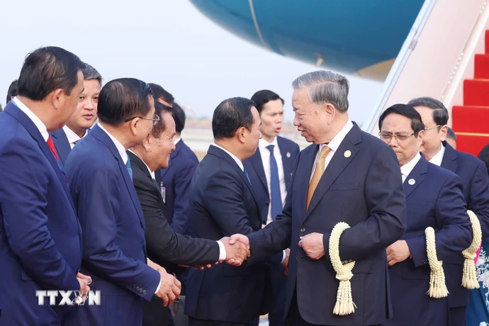 Lễ đón Tổng Bí thư Tô Lâm tại Sân bay Quốc tế Techo. (Ảnh: Thống Nhất/TTXVN)