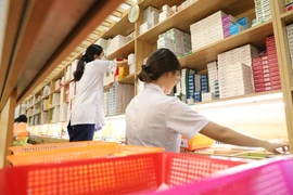 Nhân viên y tế làm công tác cấp phát thuốc. (Ảnh: M.Q/Vietnam+)