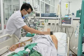 Bác sỹ theo dõi tình trạng cho bệnh nhân mắc sốt xuất huyết trong tình trạng nguy kịch. (Ảnh: PV/Vietnam+)