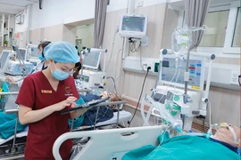 Nhân viên y tế theo dõi tình trạng cho bệnh nhân cấp cứu. (Ảnh: M.Q/Vietnam+)