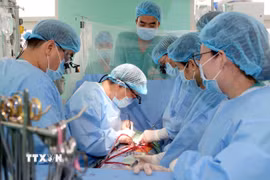 Êkíp bệnh viện Trung ương Huế hiện ghép tim cho bệnh nhân. (Ảnh: TTXVN phát)