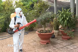 Lực lượng y tế phun độc, khử trùng, dọn dẹp loăng quăng. (Ảnh: TTXVN phát)