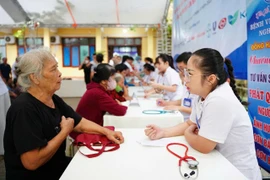 Các bác sỹ của Chương trình khám bệnh, tư vấn sức khỏe và phát thuốc miễn phí cho 1.000 người dân. (Ảnh: PV/Vietnam+)