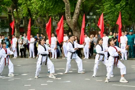 Đông đảo người dân đến xem biểu diễn võ nhạc tại lễ khai mạc Đại hội. (Trịnh Huyền/Vietnam+)