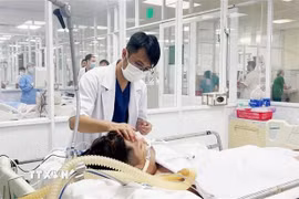 Bác sỹ Bệnh viện Quân y 175, Thành phố Hồ Chí Minh điều trị cho bệnh nhân sốt xuất huyết nặng. (Ảnh: TTXVN/Vietnam+)