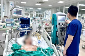 Bác sỹ theo dõi tình trạng cho bệnh nhân. (Ảnh: PV/Vietnam+)