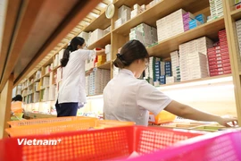 Nhân viên y tế làm công tác cấp phát thuốc. (Ảnh: M.Q/Vietnam+)