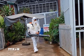 Lực lượng y tế phun độc, khử trùng, dọn dẹp loăng quăng. (Ảnh: TTXVN)