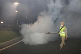 CDC Hà Nội phối hợp cùng các đơn vị liên quan tiến hành phun hóa chất phòng bệnh. (Ảnh: PV/Vietnam+)