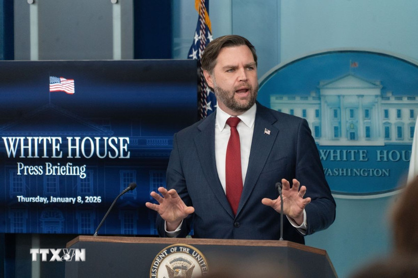 Phó Tổng thống Mỹ JD Vance phát biểu trong một cuộc họp báo tại Nhà Trắng. (Ảnh: THX/TTXVN)