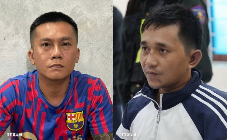 Đối tượng Phạm Anh Tài, còn gọi là Tài “đen” (trái) và Lê Văn Ân, sinh năm 1993 tại cơ quan công an. (Ảnh: TTXVN phát)