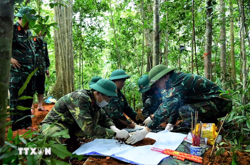 Cán bộ, nhân viên Đội Quy tập hài cốt liệt sỹ Đoàn Kinh tế-Quốc phòng 337 quy tập các hài cốt liệt sỹ tại khu vực đồi khe Cây Lỗi, thôn Cựp Cuôi, xã Hướng Lập, tỉnh Quảng Trị. (Ảnh: TTXVN phát)