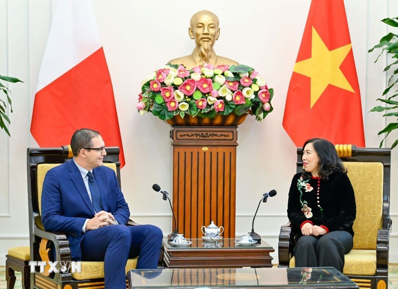 Thứ trưởng Bộ Ngoại giao Lê Thị Thu Hằng tiếp Thứ trưởng Thường trực Bộ Ngoại giao và Du lịch Malta. (Ảnh: TTXVN phát)