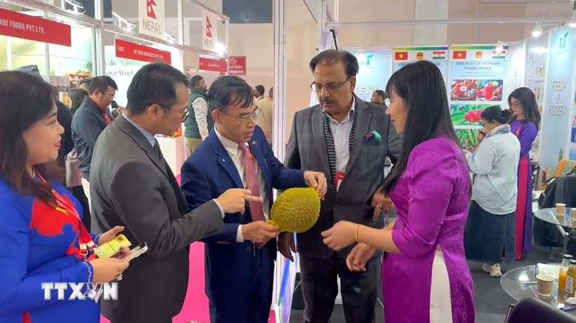 Công ty Nghiệp Xuân giới thiệu sản phẩm sầu riêng tươi. (Ảnh: Ngọc Thúy/TTXVN)