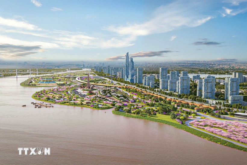 Dự án có tổng mức đầu tư khoảng 855.000 tỷ đồng với quy mô 11.000 ha, kéo dài từ cầu Sông Hồng đến cầu Mễ Sở, thuộc địa giới 19 xã, phường của thành phố Hà Nội, tổng chiều dài khoảng 80km. (Ảnh phối cảnh: Phan Phương/TTXVN)