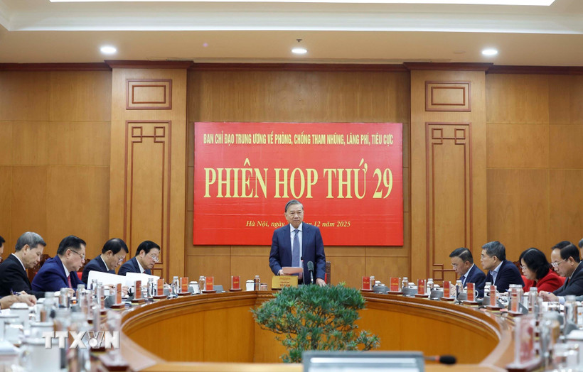 Tổng Bí thư Tô Lâm chủ trì phiên họp thứ 29 Ban Chỉ đạo Trung ương về phòng, chống tham nhũng, lãng phí, tiêu cực. (Ảnh: Thống Nhất/TTXVN)