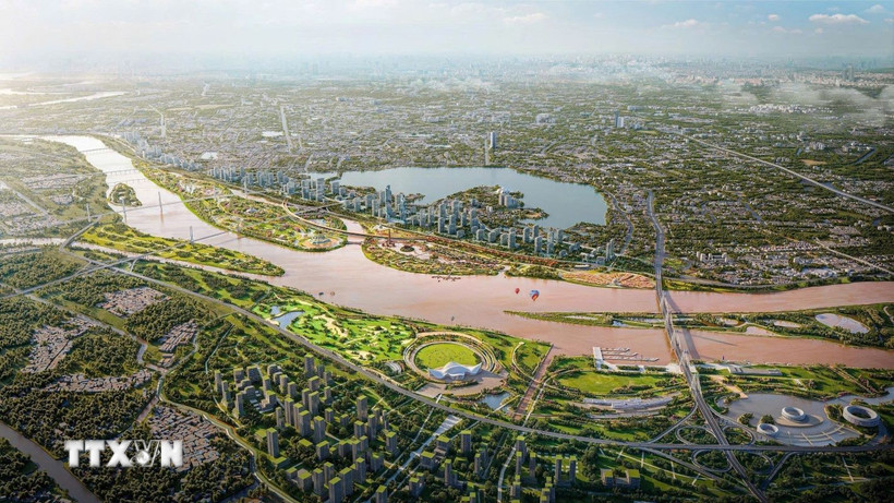 Dự án có tổng mức đầu tư khoảng 855.000 tỷ đồng với quy mô 11.000 ha kéo dài từ cầu Sông Hồng đến cầu Mễ Sở thuộc địa giới 19 xã, phường của thành phố Hà Nội, tổng chiều dài khoảng 80km. (Ảnh: Phan Phương/TTXVN)