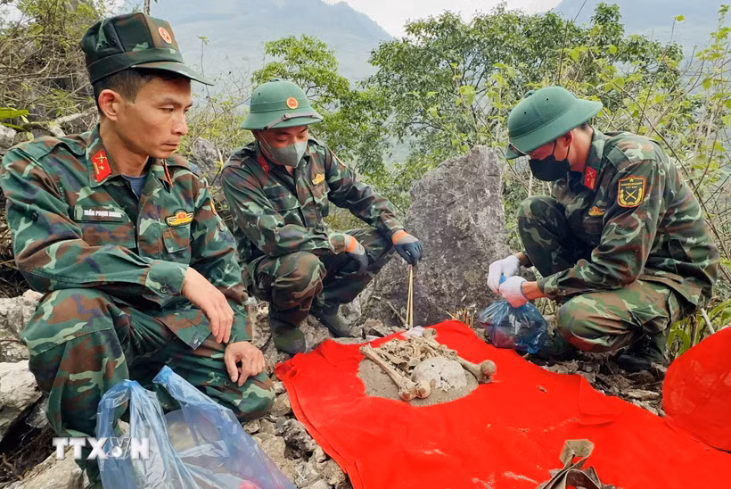 Đội tìm kiếm, quy tập hài cốt liệt sỹ quy tập thành công 3 hài cốt liệt sỹ tại điểm cao A5 (xã Thanh Thủy, Tuyên Quang). (Ảnh: Đức Thọ/TTXVN)