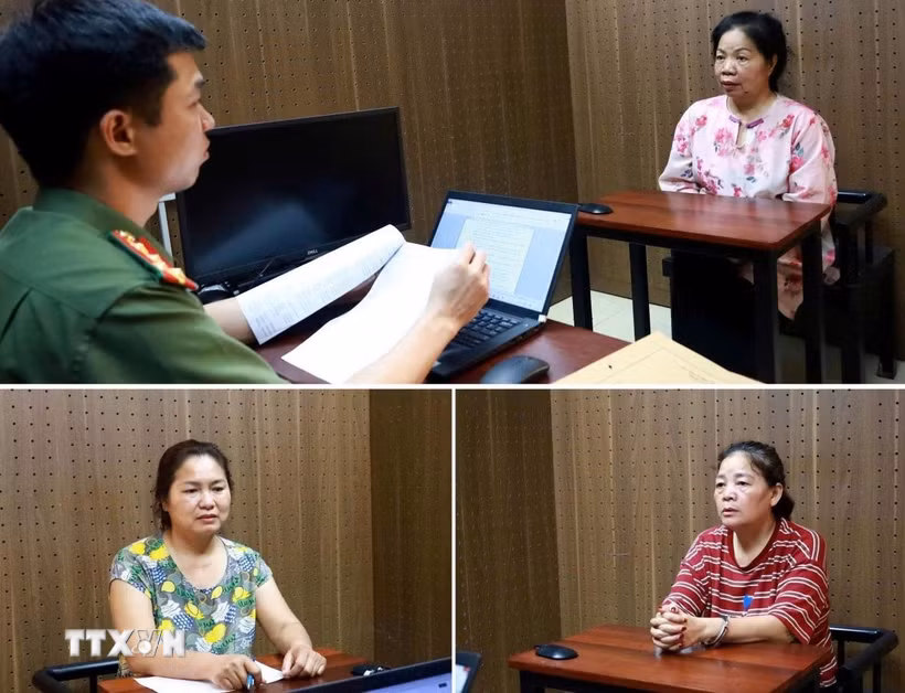 Các đối tượng Phạm Tuyết Lê (trên), Vũ Thị Chuyền (trái) và Kiều Thị Thúy Hường (phải) tại Cơ quan Công an. (Ảnh: TTXVN phát)
