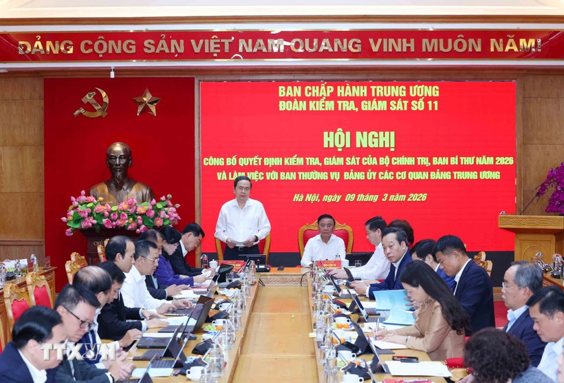 Chủ tịch Quốc hội Trần Thanh Mẫn, Trưởng đoàn Kiểm tra, giám sát phát biểu tại hội nghị. (Ảnh: Phương Hoa/TTXVN)