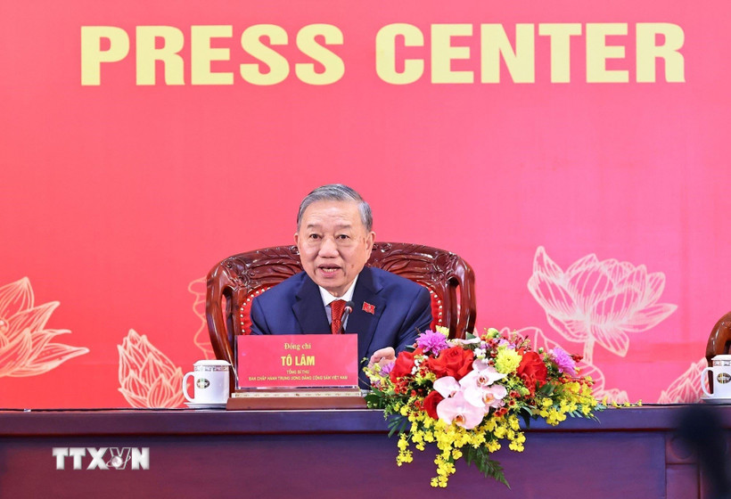 Tổng Bí thư Tô Lâm chủ trì họp báo công bố kết quả Đại hội XIV của Đảng. (Ảnh: TTXVN)