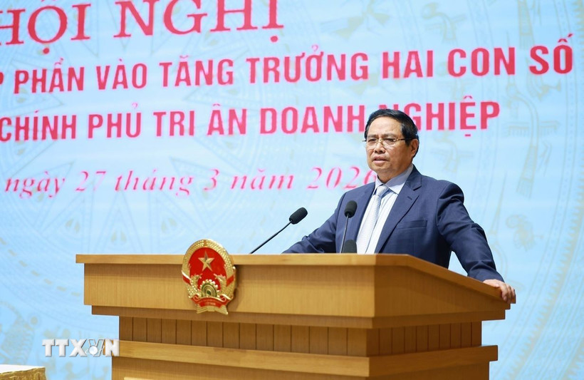Thủ tướng Phạm Minh Chính phát biểu tại Hội nghị Doanh nghiệp góp phần vào tăng trưởng hai con số và tri ân doanh nghiệp. (Ảnh: Dương Giang/TTXVN)
