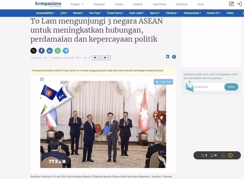 Bài báo đăng trên trang Kompasiana của Indonesia. (Ảnh: TTXVN phát)