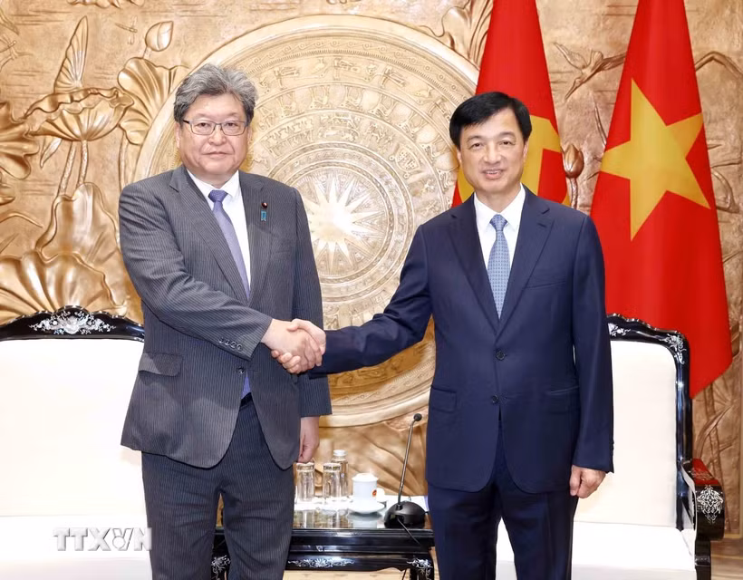 Trưởng Ban Tổ chức Trung ương Nguyễn Duy Ngọc tiếp Quyền Tổng Thư ký Đảng Dân chủ Tự do Nhật Bản (LDP) Hagiuda Koichi. (Ảnh: Phương Hoa/TTXVN)